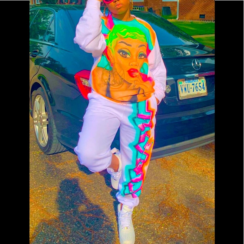 White Graffiti Cartoon Portrait Long Sleeve Shirt & Joggers Outfit